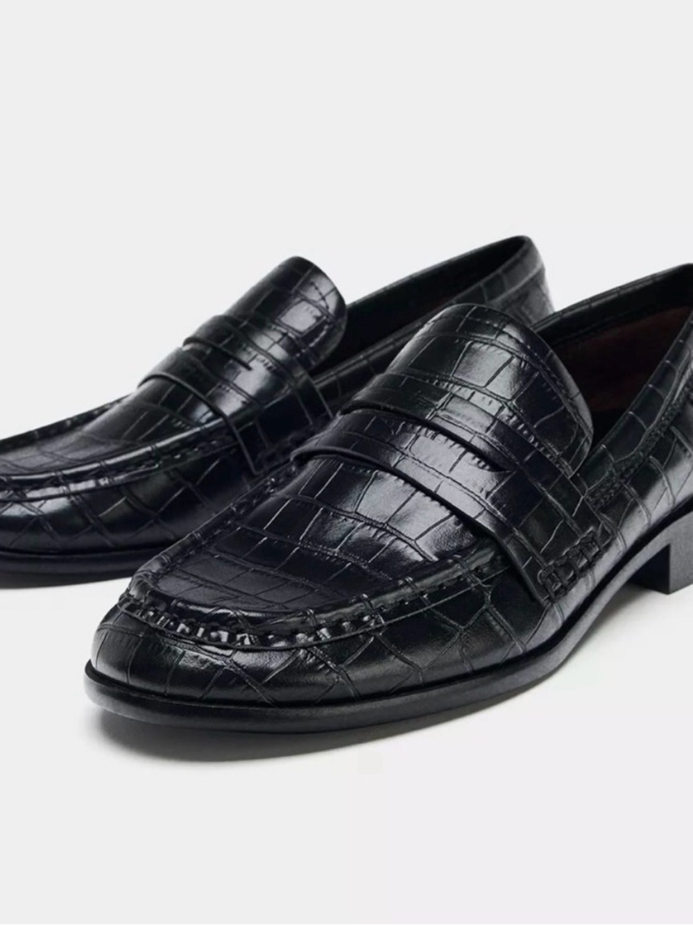 Women’s Croc-Embossed Black Leather Penny Loafers
